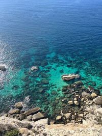 Scenic view of sea against clear blue sky