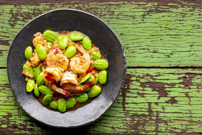 High angle view of food in plate on table