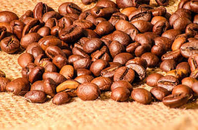 Close-up of coffee beans on burlap