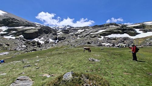 Rear view of people walking on mountain