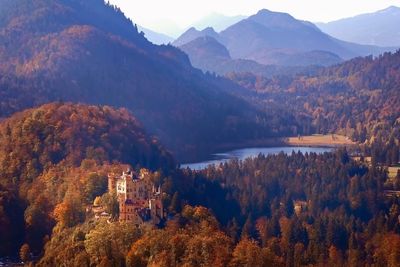 High angle view of trees and mountains during autumn