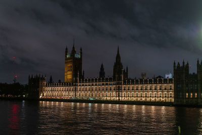 Illuminated buildings by river against sky at night