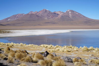 Scenic view of lake by mountains against clear sky