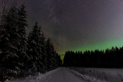 Snow covered landscape against sky at night, with stars and northern lights