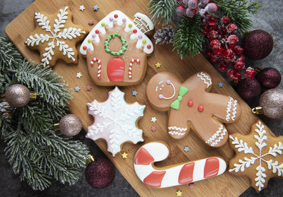 Christmas gingerbread cookies and christmas decorations. 