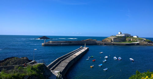 Scenic view of sea against clear blue sky