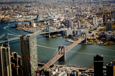 High angle view of bridge over river and buildings in city