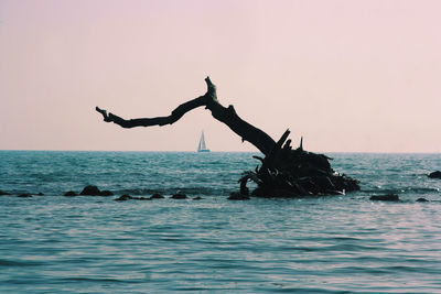 Silhouette people in sea against clear sky