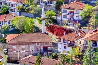 High angle view of residential buildings in town