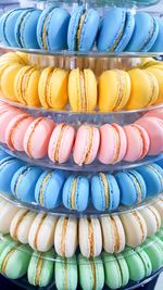 Full frame shot of colorful macaroons on shelves for sale