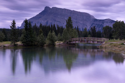 Panoramic image of early morning mood on cascade ponds with mount rundle in the background, canada
