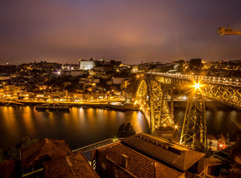 High angle view of illuminated cityscape against sky at night