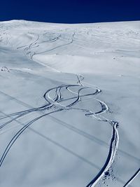 Scenic view of snow covered land against sky