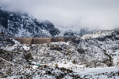 Snow covered land against sky