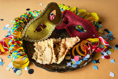 High angle view of cookies on table