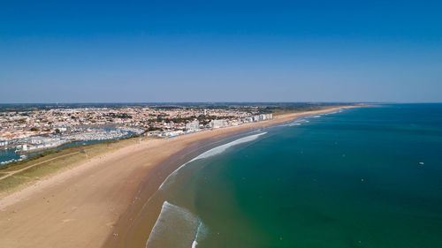 Aerial view of sea against clear blue sky