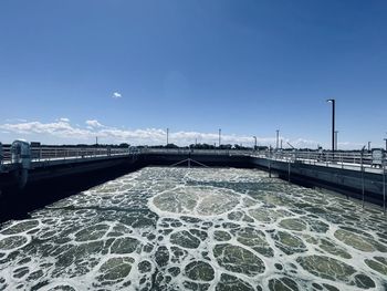 Bridge over river against clear blue sky