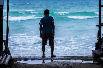 Rear view of man standing on beach