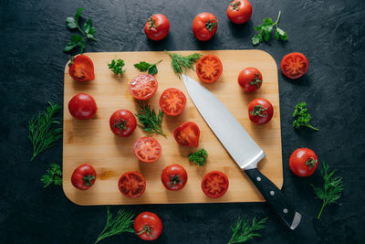 High angle view of chopped vegetables on cutting board