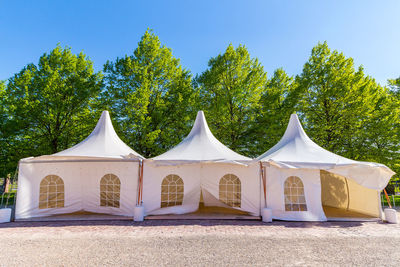 Trees growing by tents against clear sky