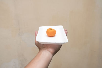 Close-up of hand holding ice cream against white wall