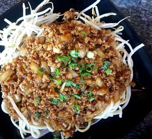 High angle view of food in plate