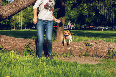 Low section of woman with dog on field
