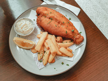 High angle view of food in plate on table