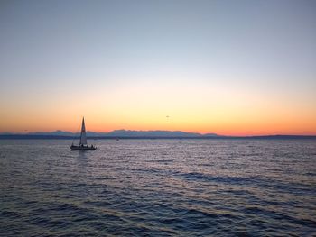 Sailboat sailing on sea against clear sky during sunset. stay gold.