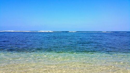 Scenic view of sea against clear blue sky