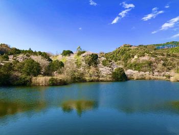 Scenic view of lake against blue sky