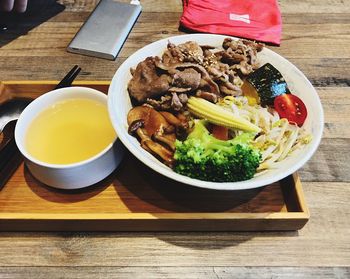 High angle view of meal served on table