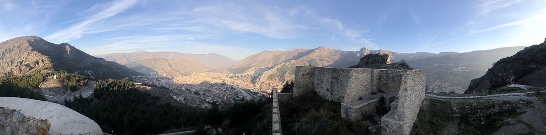 Panoramic view of mountains against cloudy sky