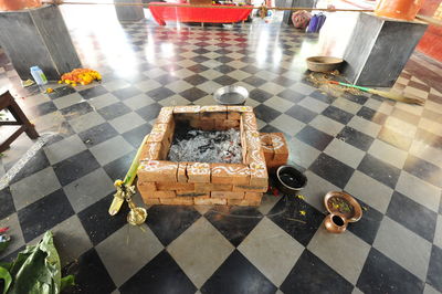 High angle view of chess pieces on floor