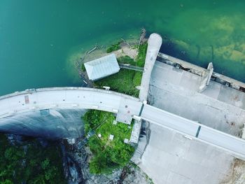 High angle view of boats moored in water