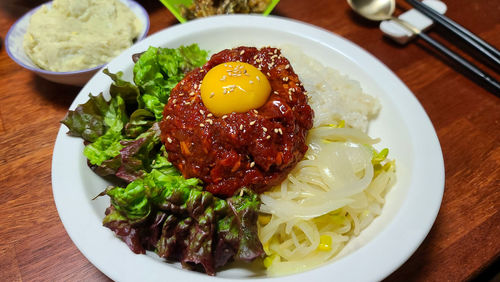 High angle view of meal served in plate