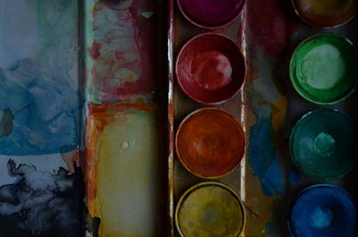 Directly above shot of watercolors in messy palette