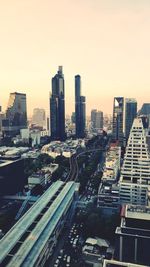 High angle view of city buildings against clear sky