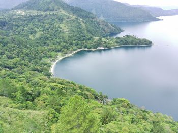 Aerial shot of lake toba balige north sumatra, indonesia. 13 october 2022
