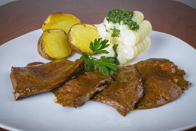 High angle view of food served in plate