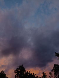 Low angle view of trees against dramatic sky