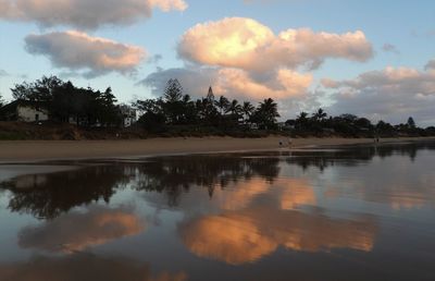 Scenic view of lake against sky at sunset