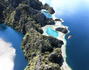 High angle view of tree by sea against sky