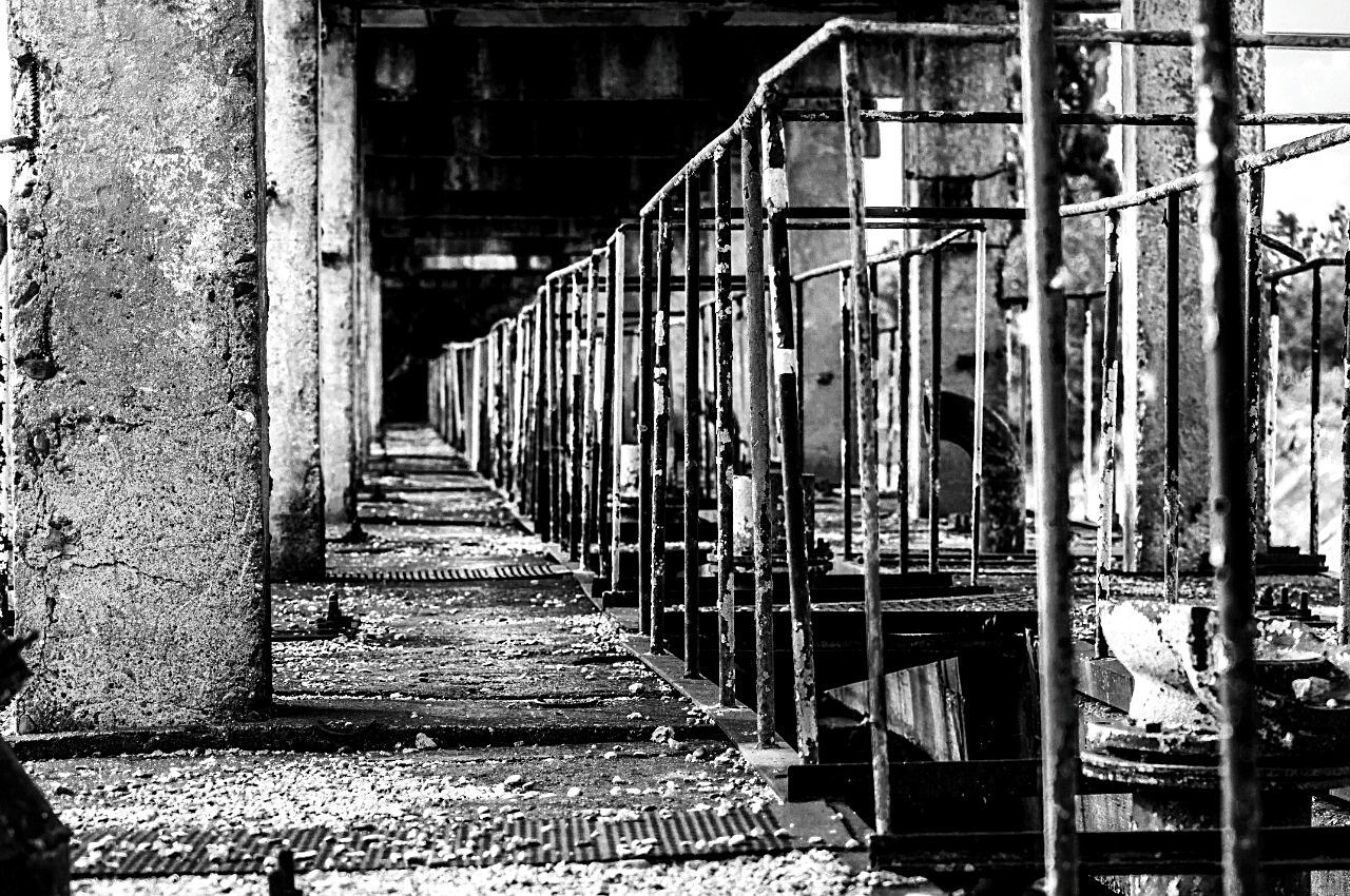 architecture, built structure, railing, connection, the way forward, transportation, old, bridge - man made structure, steps, metal, day, building exterior, footbridge, abandoned, staircase, diminishing perspective, outdoors, narrow, no people, water