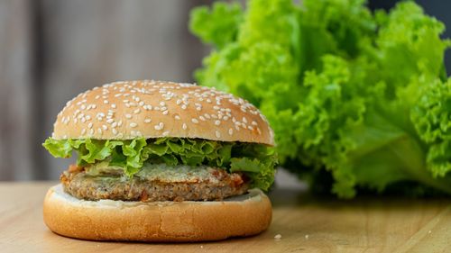 Close-up of burger on table