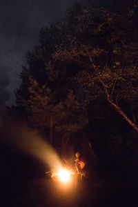 Silhouette man standing on illuminated tree against sky at night