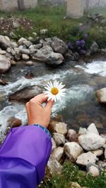 Midsection of person holding rocks by rock