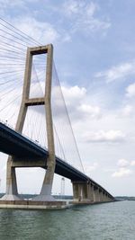 Low angle view of suspension bridge against sky