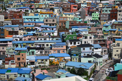 High angle view of buildings in city