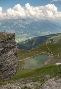 Scenic view of mountains against cloudy sky